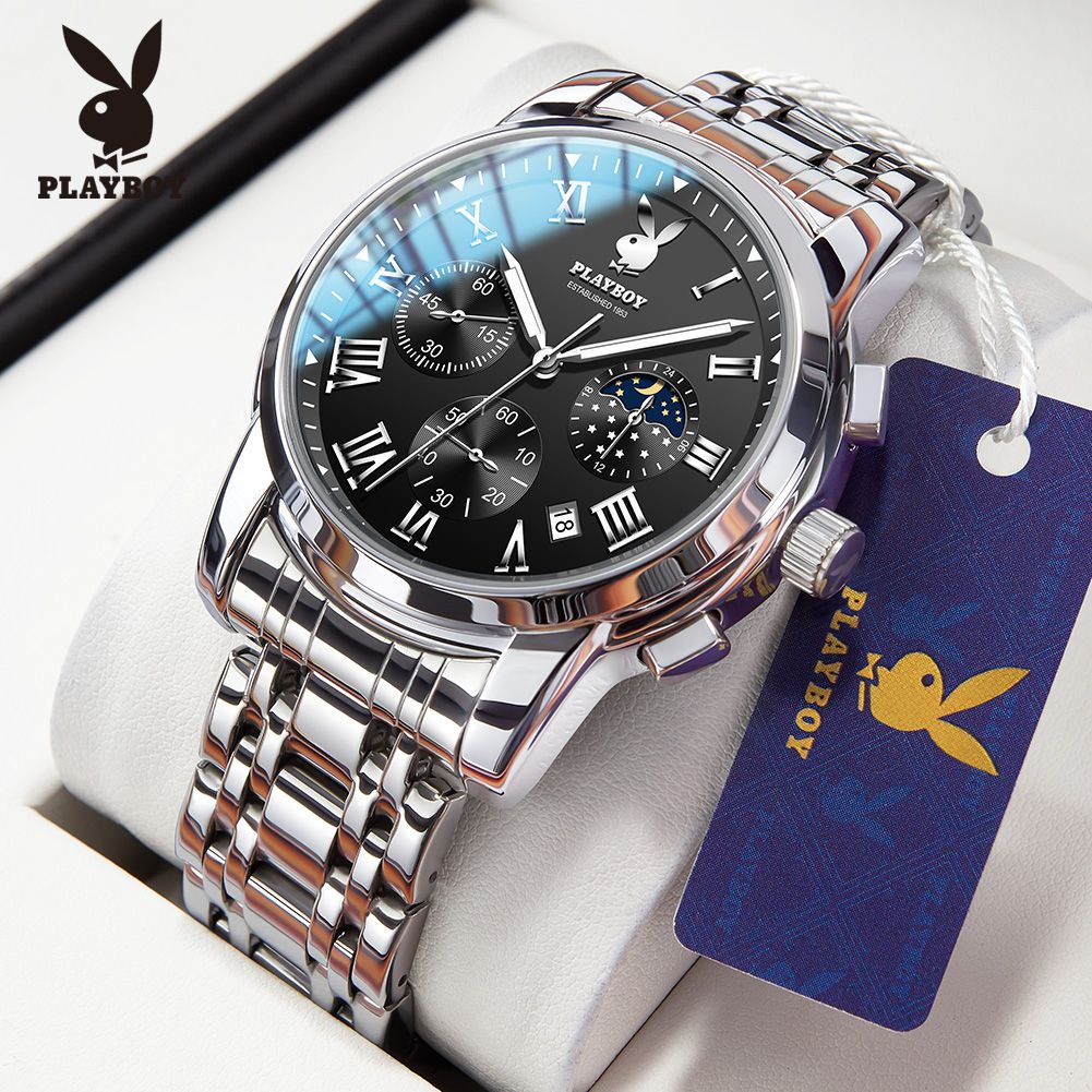 PLAYBOY (Flash Sale) Spot Goods Men's Waterproof Business Watch with Box, Time and Date Display, Luminous, Stainless Steel Strap