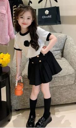 LOBER Girls' Fashion Set, Girls' Chanel Style Suit, Girls' Suit, Girls' Clothes 2-8 Years Old, Girls' Tops + Pleated Skirt, Girls' Clothing