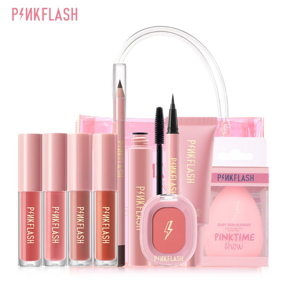 PINKFLASH 11-piece set of lipstick, eyeliner, eyebrow pencil, mascara, foundation, blush, and egg-shaped sponge for makeup.